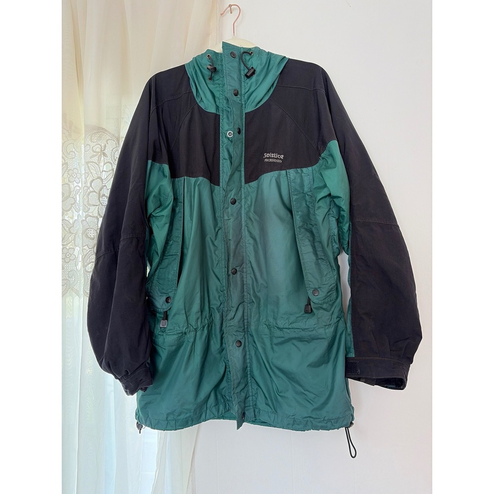 Solstice Microshed Rain Jacket Mens L Green Hooded Shell Fishing‎ Hiking Flawed